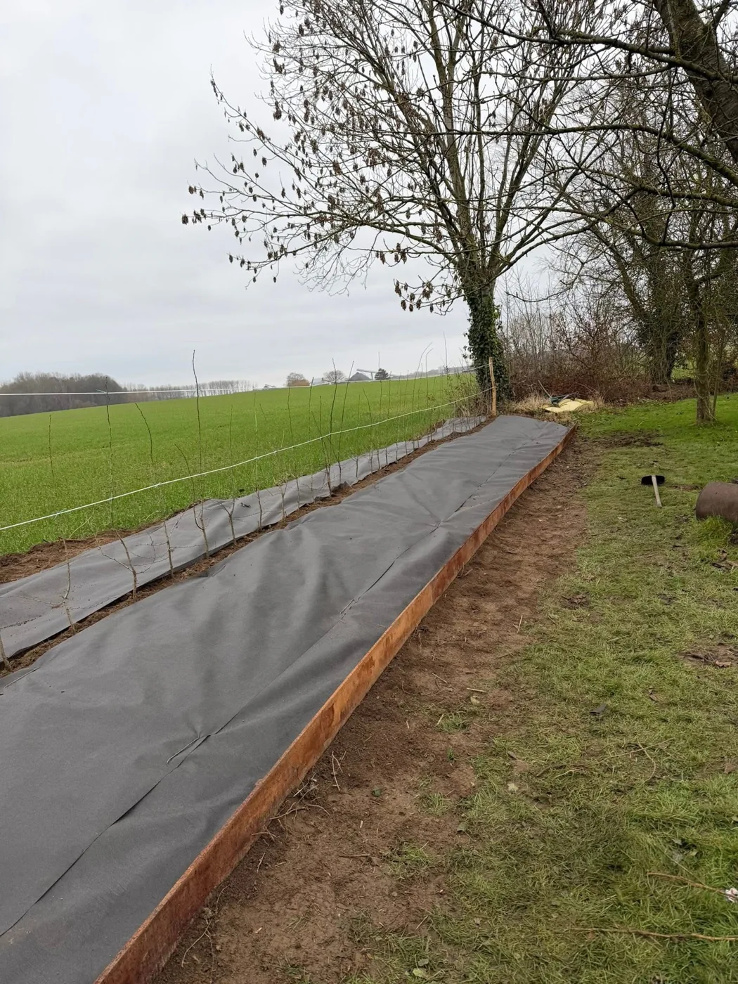 Talus nettoyé et préparé avec une toile de paillage et une bordure.